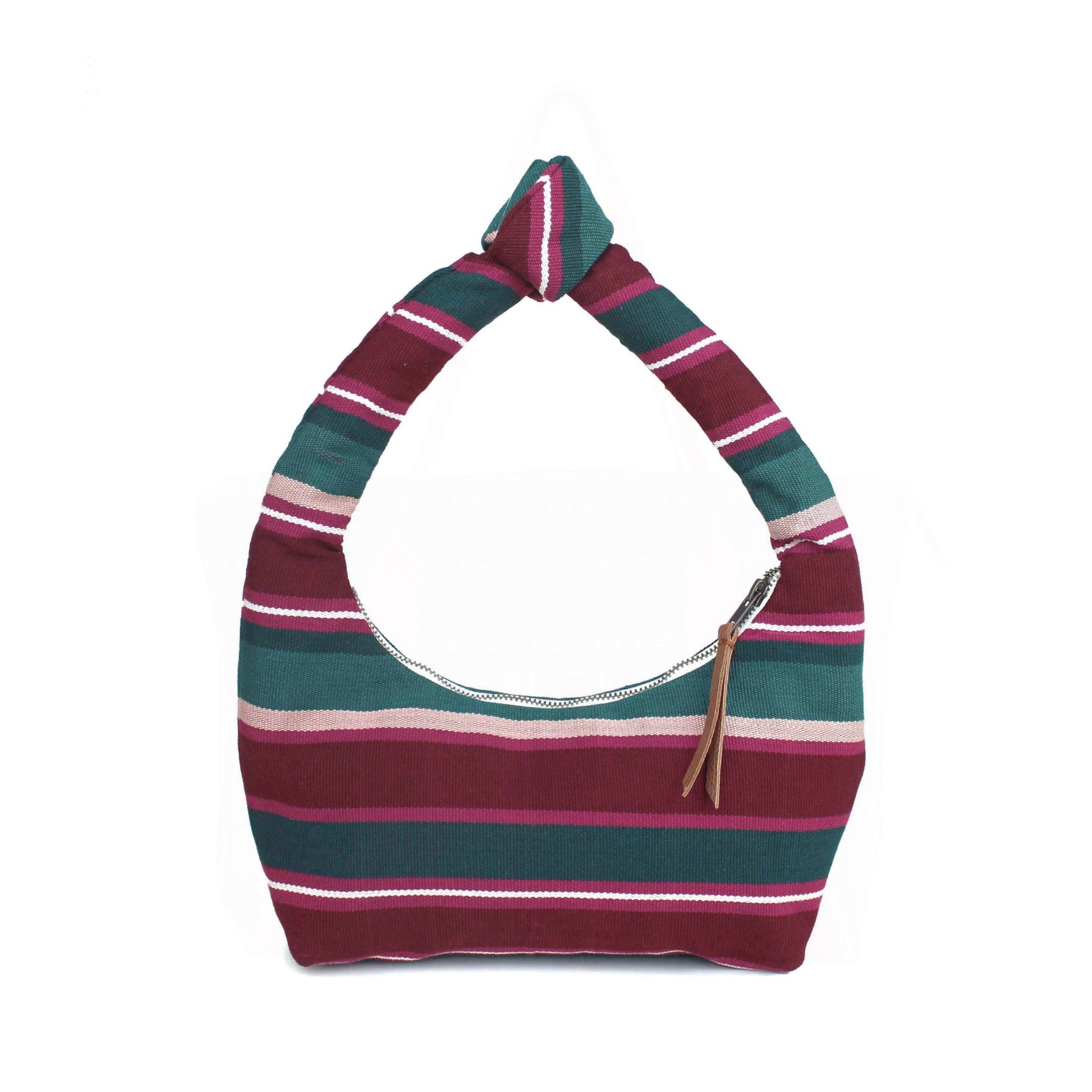 Aurora Handwoven  Mulberry Shoulder Bag. The Mulberry pattern has horizontal stripes in phthalo green, dark pink, crimson, peach, and white. It has a leather zipper pull.