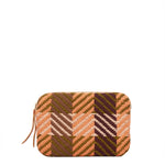 Front of the artisan hand woven Teresa Wallet in Moss Weave. The Moss Weave has an orange and olive green plaid pattern. It has a leather zipper pull.