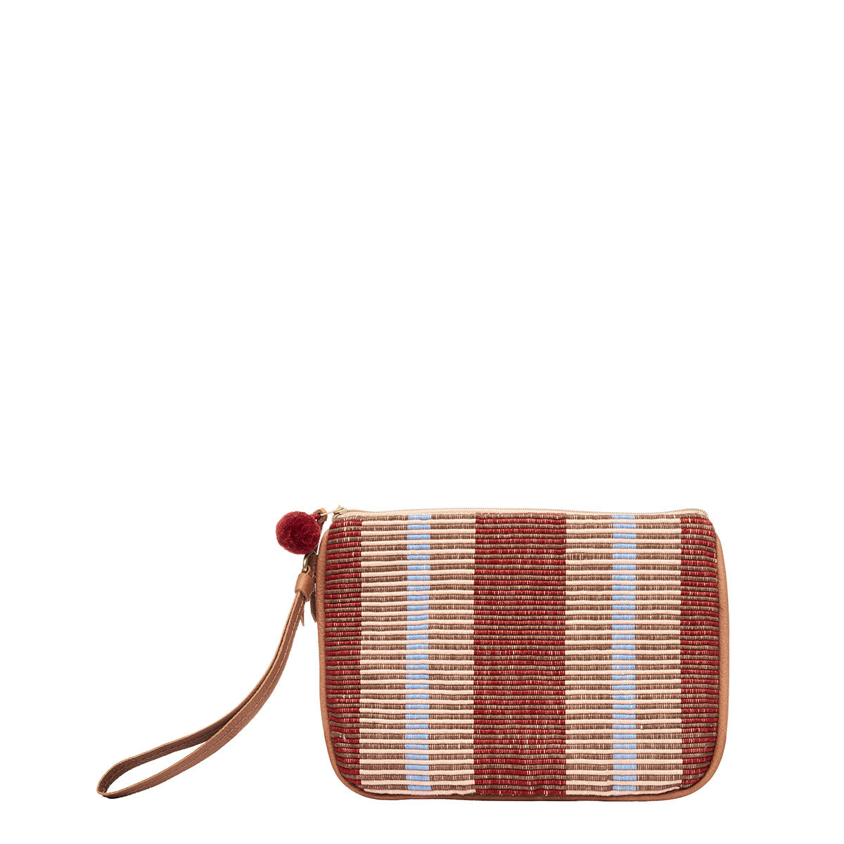 Front of the Mini Lily Wristlet in Chestnut pattern. The Chestnut has thick vertical stripes in burgundy and tan colors. It has a red pompom and a leather handle.