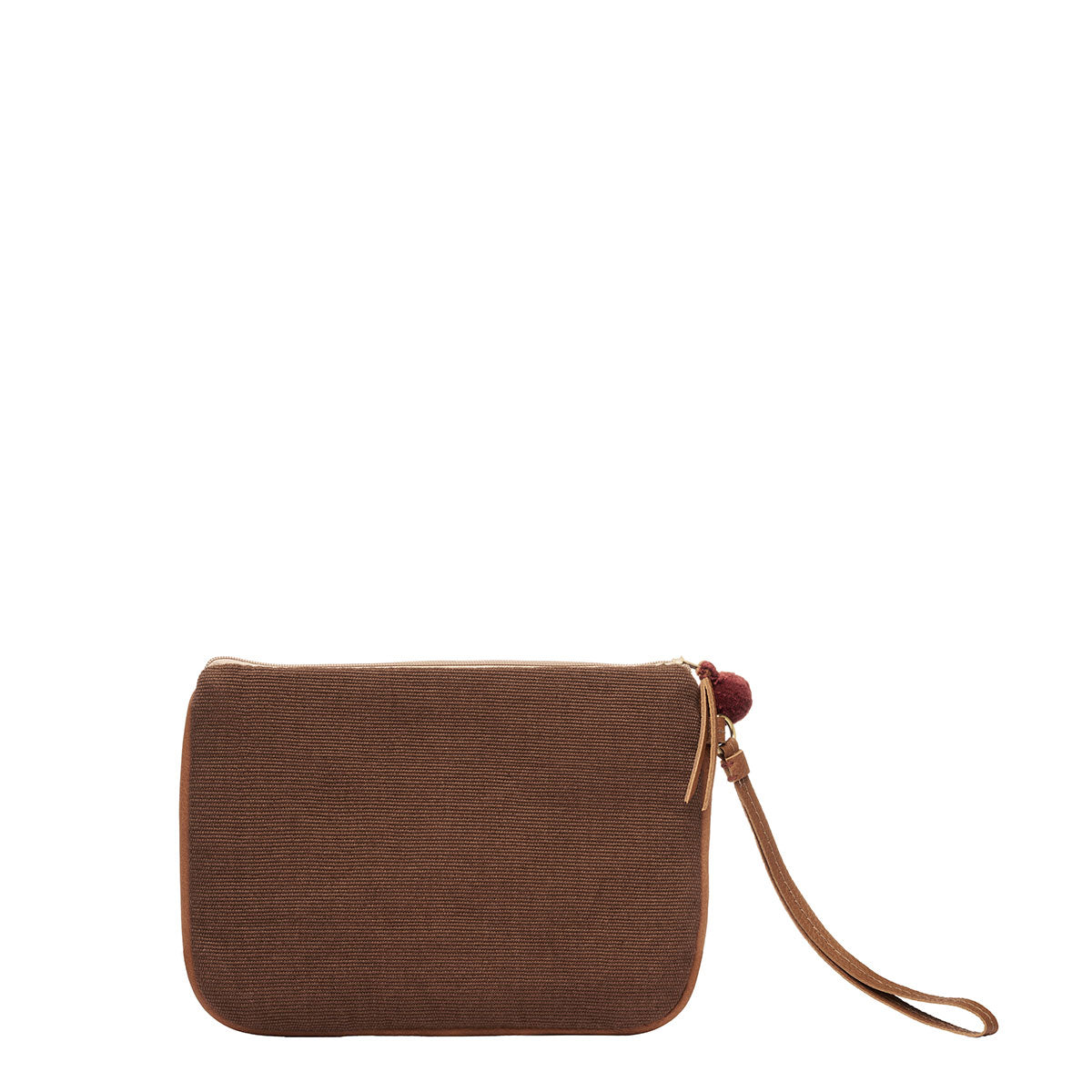 Back of the Mini Lily Wristle in Chestnut or Cherry Red color. The back has a dark brown solid color. It has a pompom, leather wrist strap, and leather zipper pull.