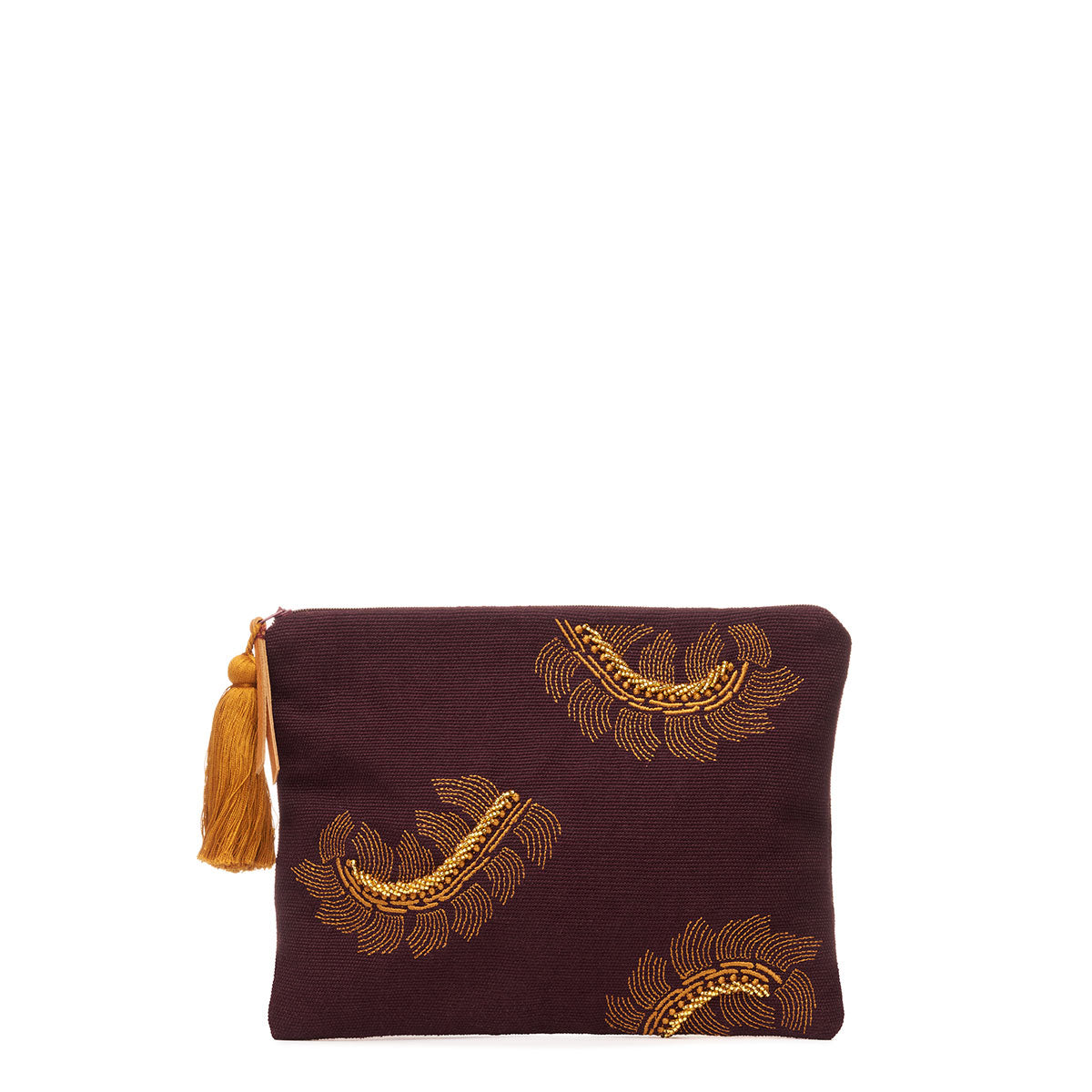 Front of the hand woven artisan Raquel Clutch in Season Sparkle. The Season Sparkle is an embroidered bead pattern of leaf shapes. It has a golden tassel and a leather zipper pull.