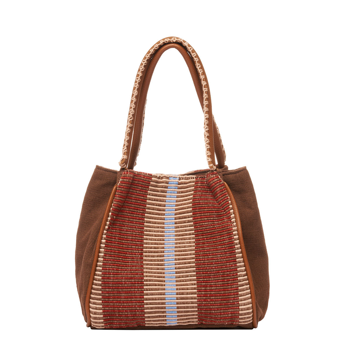 Hand woven artisan Flora Petite Tote in Chestnut shown at the back. The sides of the bag are in solid brown colors. The leather handles have white embroidered detailing. The Chestnut pattern has thick brown and tan stripes.