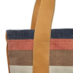 Magali Tote in Blue Canyon. Close up detail of stitches on the leather handles.