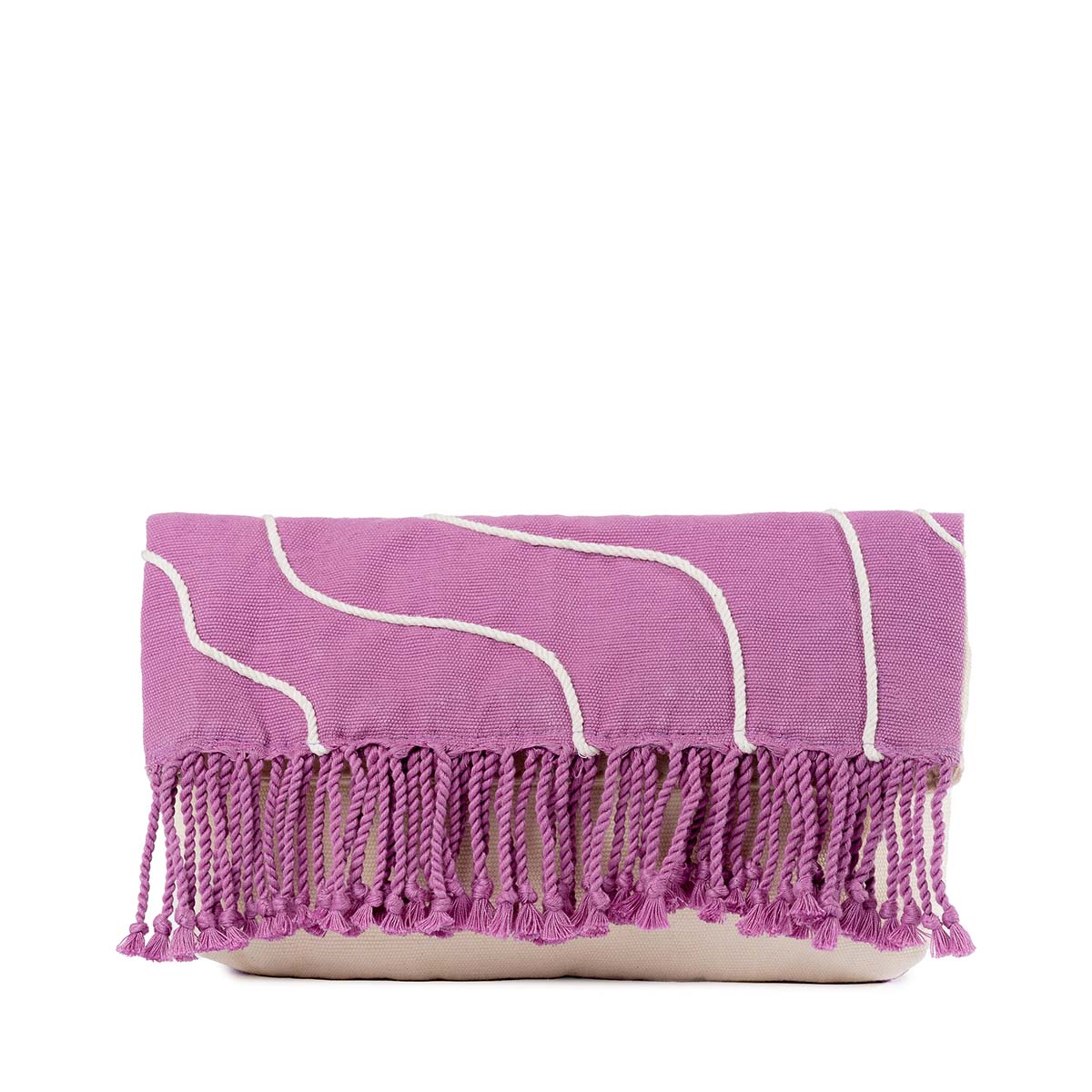The front of the hand woven artisan Margarita Clutch in Cosmic Waves. It has a magenta solid background with thin wavy white stripes. The top has magenta fringe.