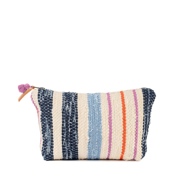 A GIF shows the front and back sides of the Cristina Cosmetic Pouch in Spring Sherbert pattern