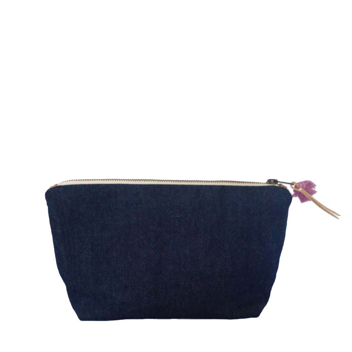 The back of the hand woven artisan Cristina Cosmetic Pouch in Spring Sherbert. The back side has a solid dark navy blue color. It has a magenta mini tassel and a leather zipper pull.