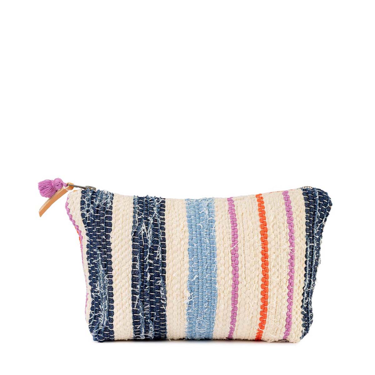 The front of the hand woven artisan Cristina Cosmetic Pouch in Spring Sherbert pattern. It has a sky blue, dark blue, pink, and orange vertical striped pattern. It has a magenta mini tassel and a leather zipper pull. 