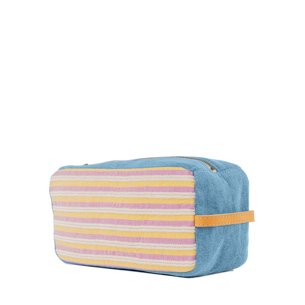 Right-sided angle of the hand woven artisan Edna Dopp Kitt in Cream Soda.The pattern has thin horizontal stripes of pastel yellow, beige, and pink. It is lined in a sky blue fabric with a leather handle.