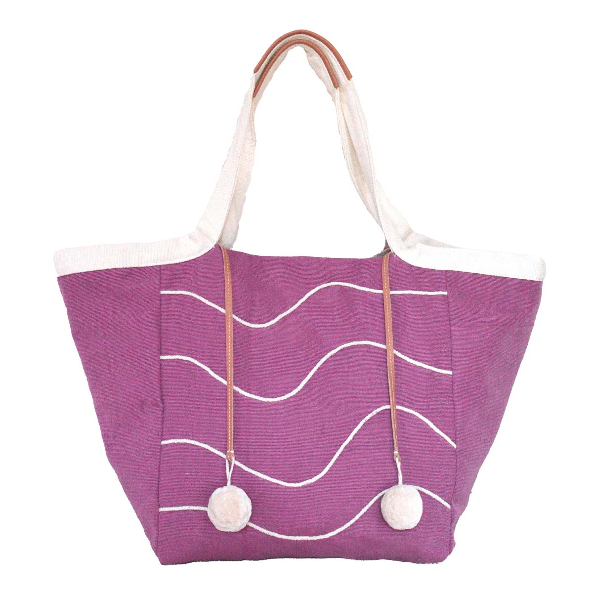 The front of the hand woven artisan Rosa Tote in Cosmic Waves pattern. It has a magenta solid background with thin wavy white stripes. It has leather lined handles and two white pompoms attached to leather cords.