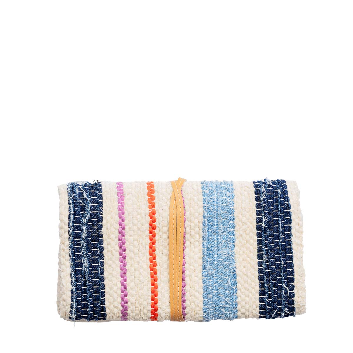 The back of the hand woven artisan Rebeca Tech Case in Spring Sherbert. It has dark blue, pink, orange, and light blue woven vertical stripes. It is wrapped in a leather cord.