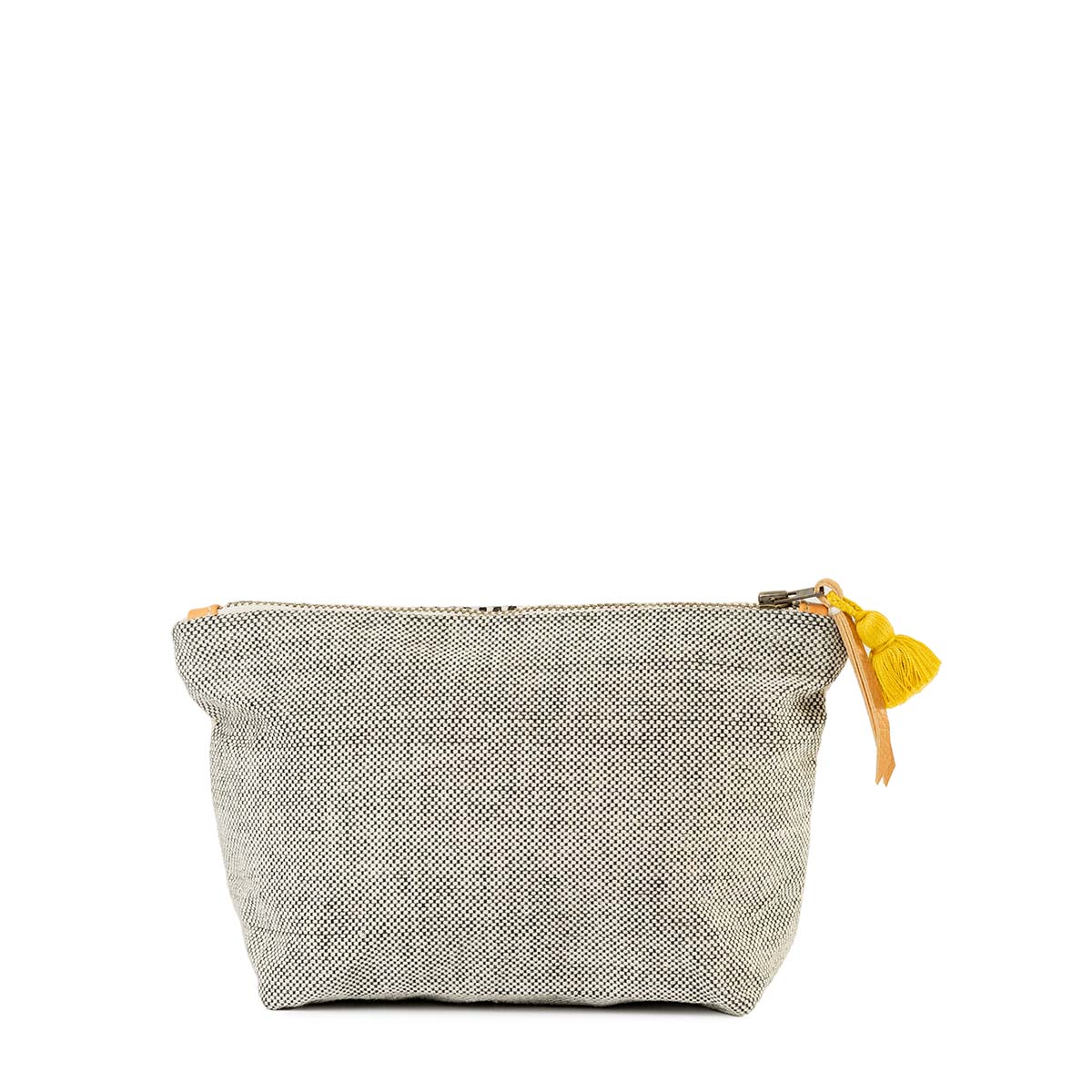 Back of the hand woven artisan Mini Cristina Cosmetic Pouch in Tourmaline pattern. The back has a woven grey color. It has a mini yellow tassel and leather zipper pull.