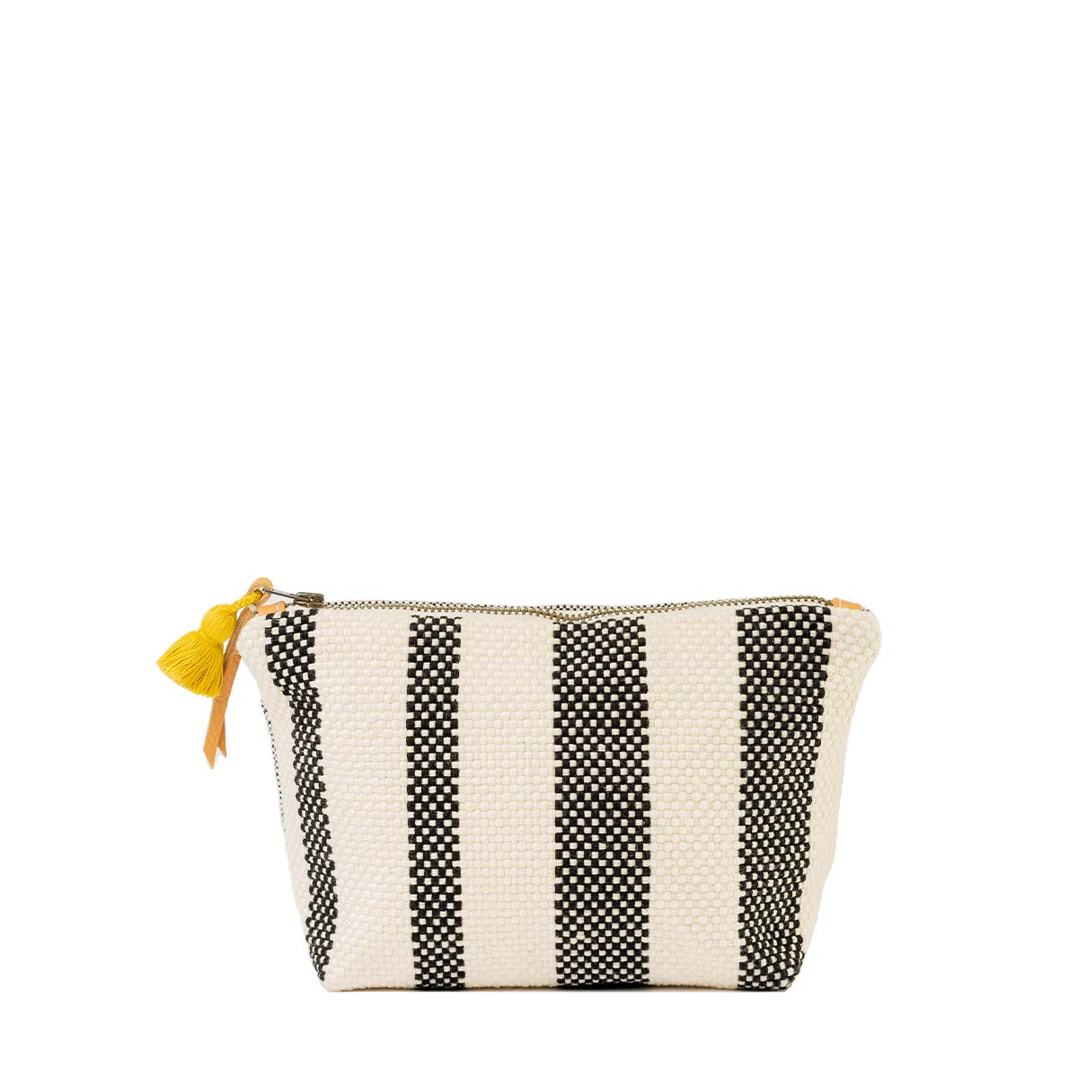 Front of the hand woven artisan Mini Cristina Cosmetic Pouch in Tourmaline pattern. The front has vertical black and white stripes. It has a mini yellow tassel and leather zipper pull.