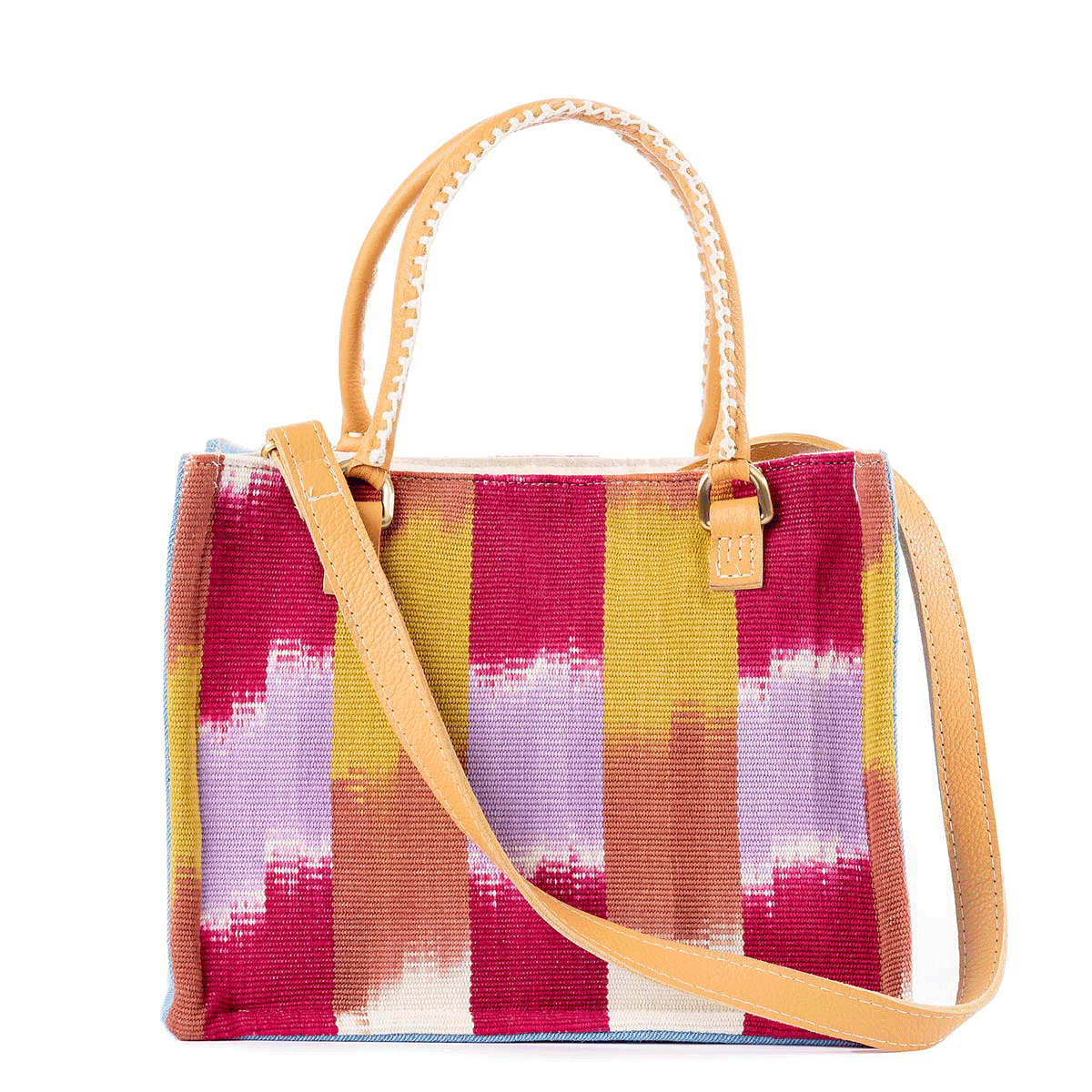 A GIF of the front and back of the hand woven artisan Mini Irma Tote in Raspberry Paleta.
