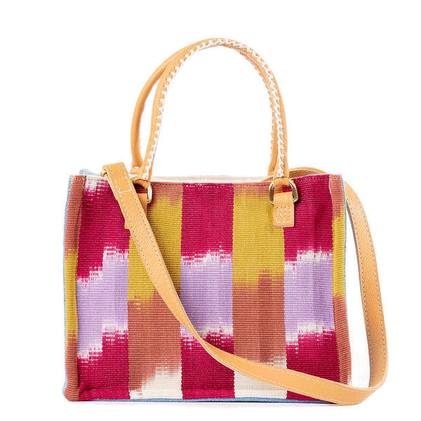 A GIF of the front and back of the hand woven artisan Mini Irma Tote in Raspberry Paleta.