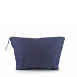 Front view of the Cristina Pouch in dark wash denim.