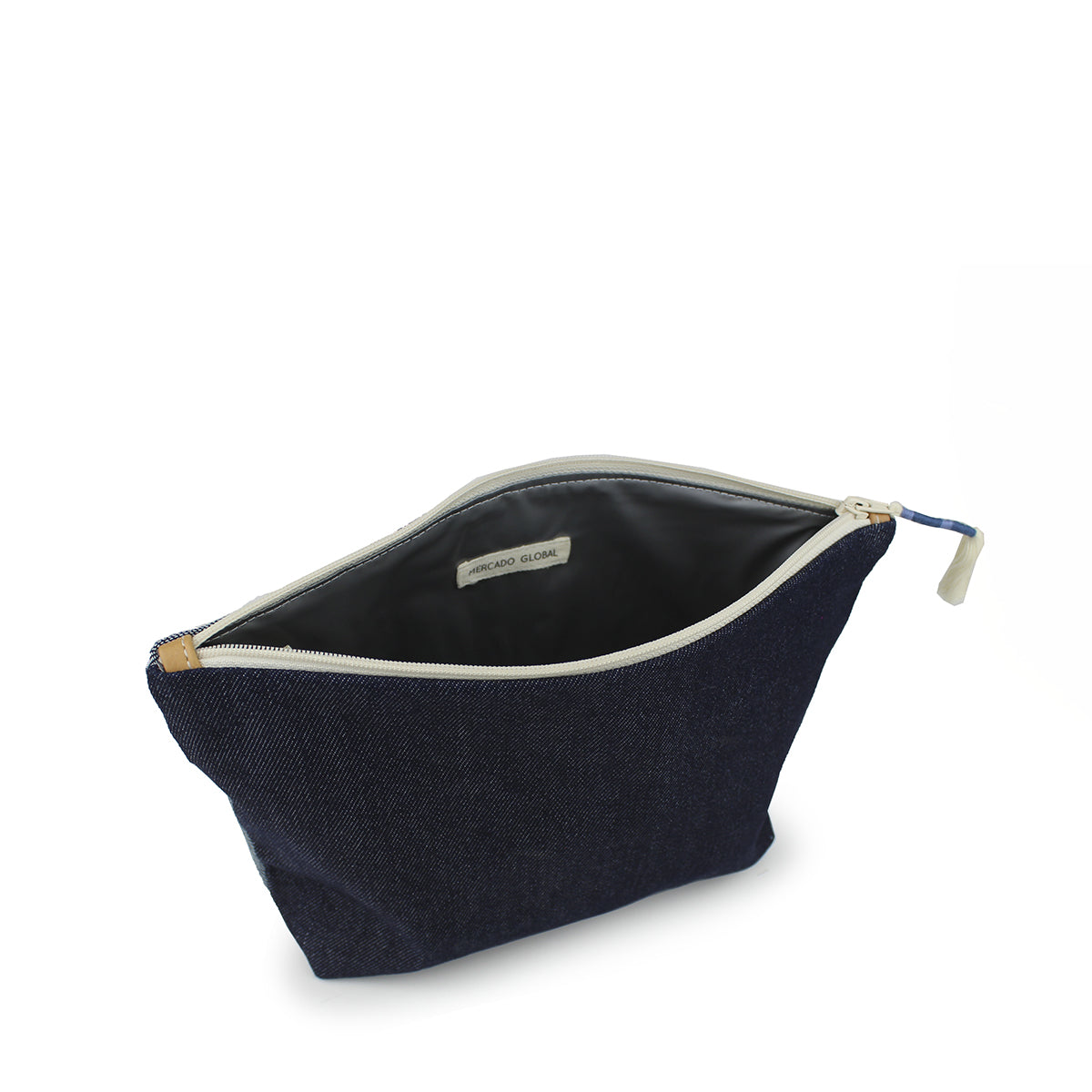Side top unzipped view of the Cristina Pouch in denim.