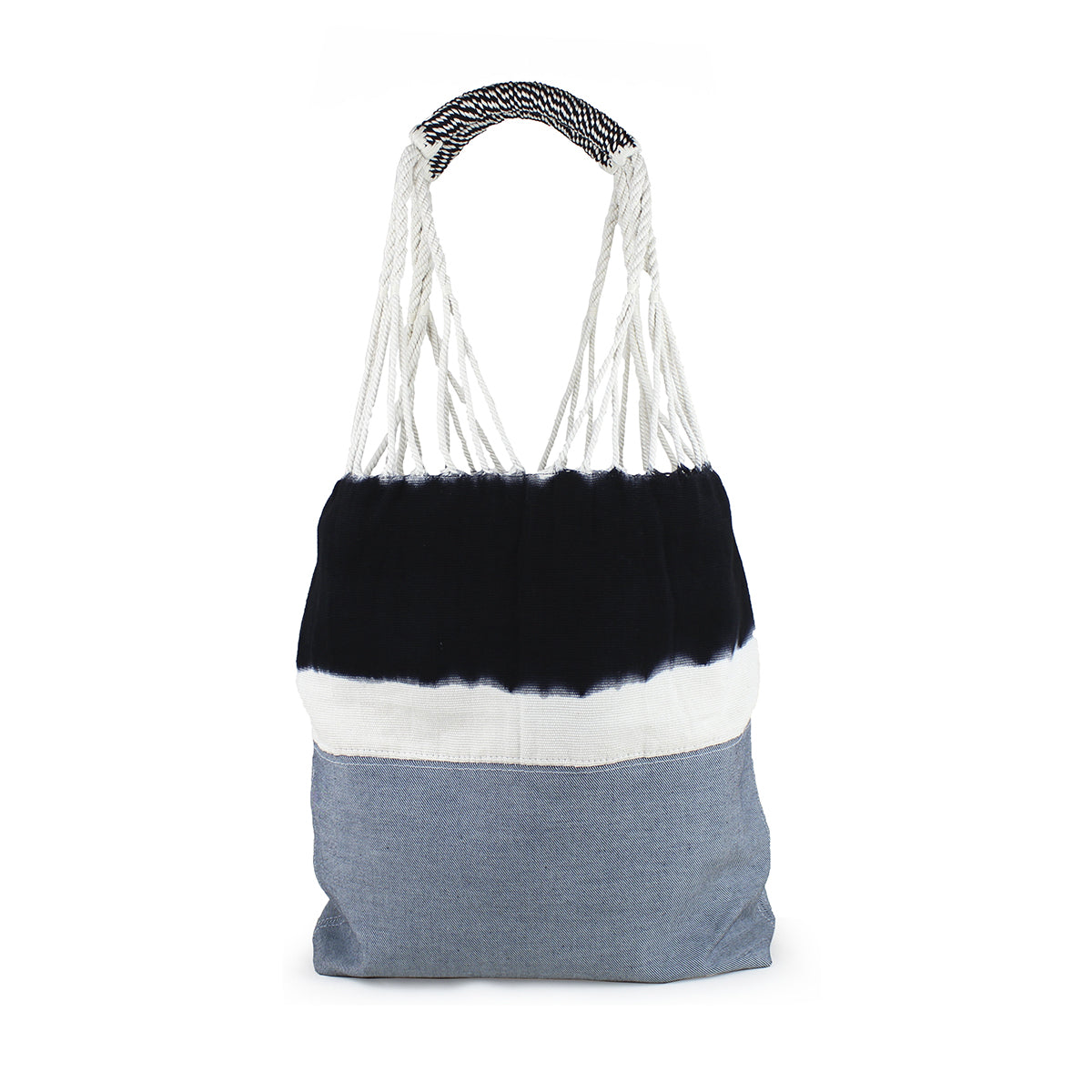 Front of the Apolonia Upcycled Denim tote in Dip-Dye pattern.