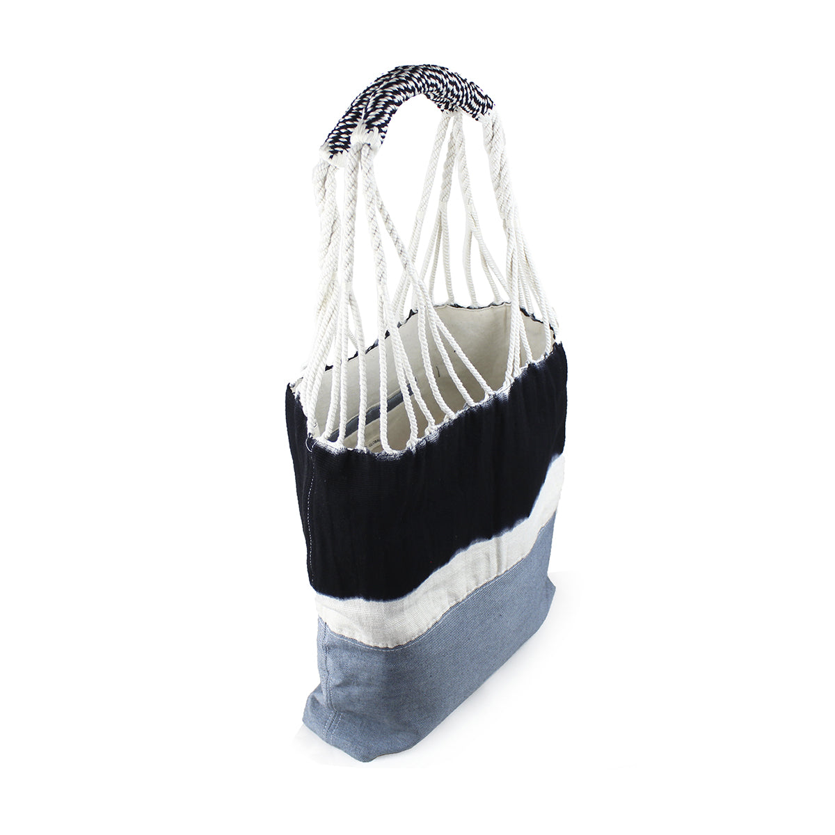Side view/open view of the Apolonia Upcycled Denim Tote in Dip-Dye pattern.
